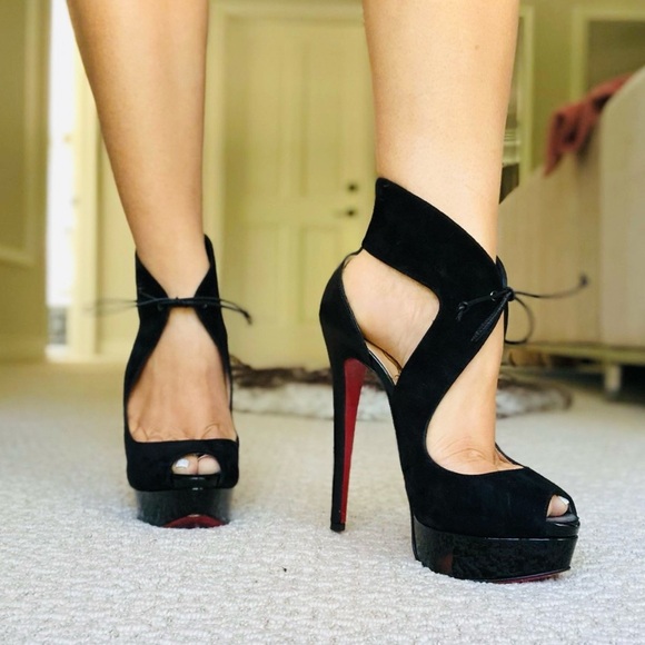 Christian Louboutin Shoes - (NEW) CHRISTIAN LOUBOUTIN Authentic Black Leather & Suede Lace Up Peep-Toe Heels